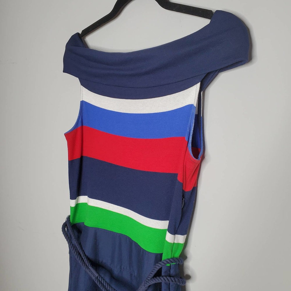 LAUREN RALPH LAUREN Navy Blue Off Shoulder Belted 100% Cotton Dress Sz Small S - Picture 3 of 5